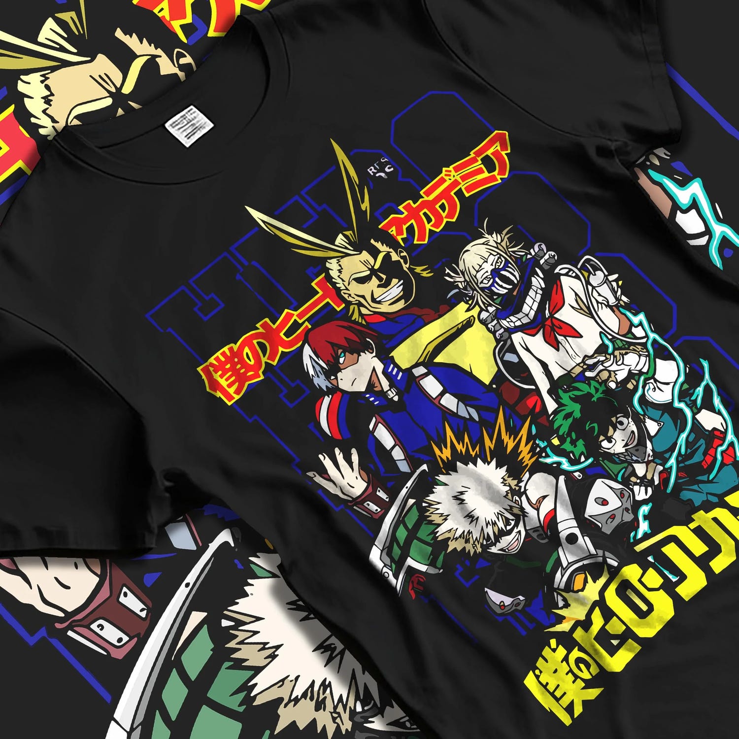 Black T-shirt laid flat with natural folds with My Hero Academia Bakugo Hoodie Explosion Quirk Jumper graphic bold anime graphic.