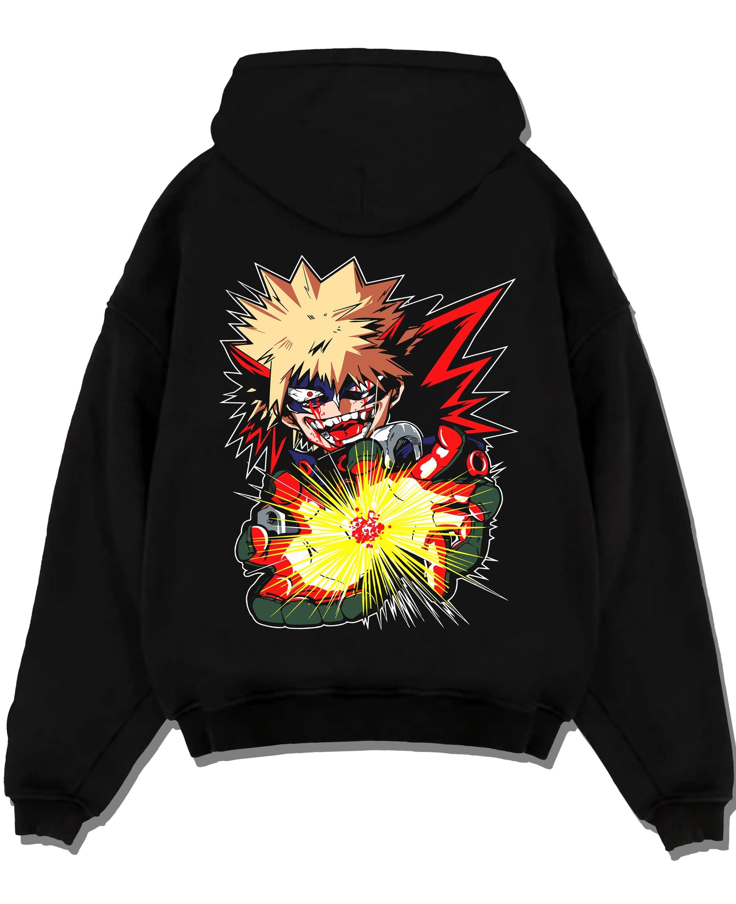 Black pullover hoodie laid flat with Bakugo Explosion Hoodie My Hero Academia Blazing Blast graphic streetwear graphic.