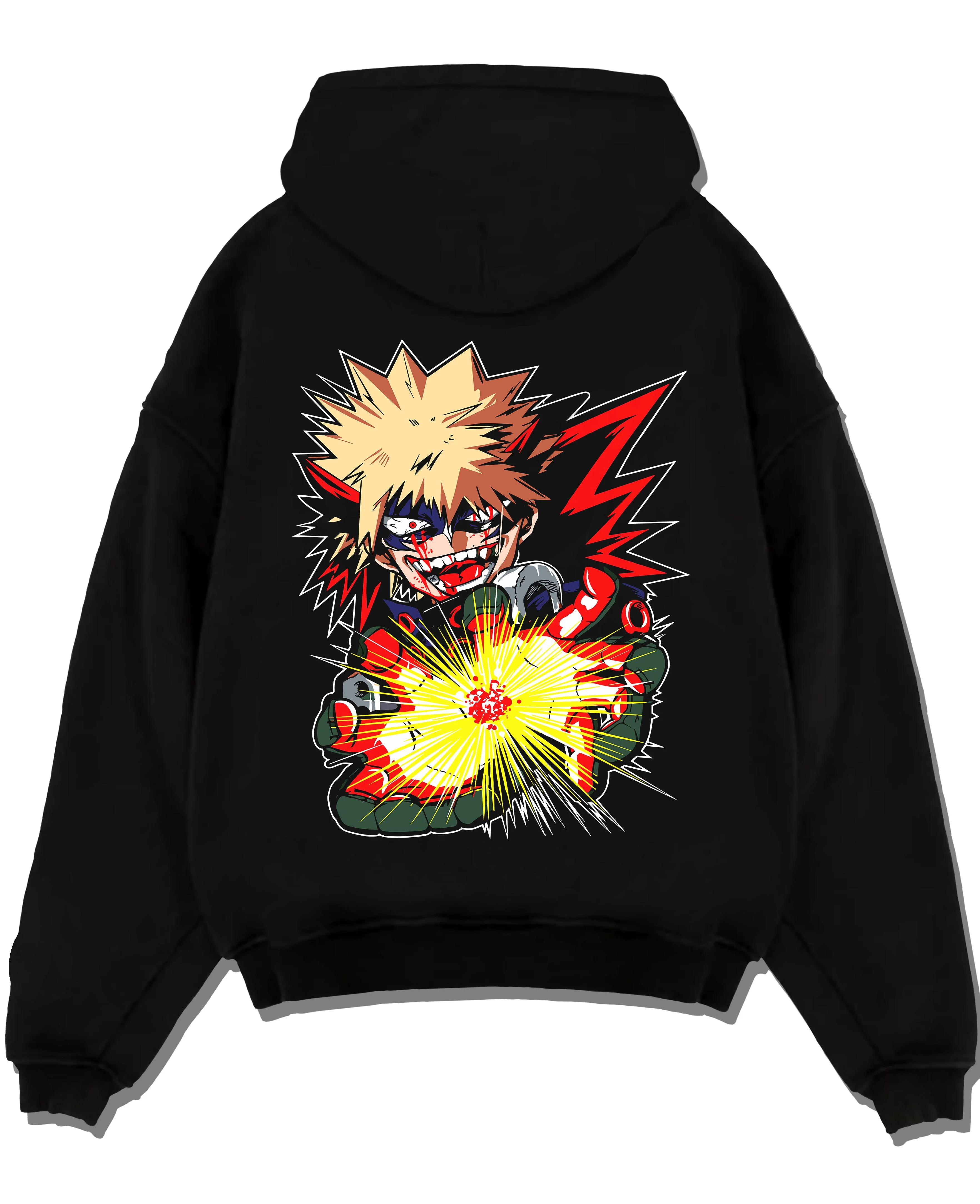 Black pullover hoodie laid flat with Bakugo Explosion Hoodie My Hero Academia Blazing Blast graphic streetwear graphic.
