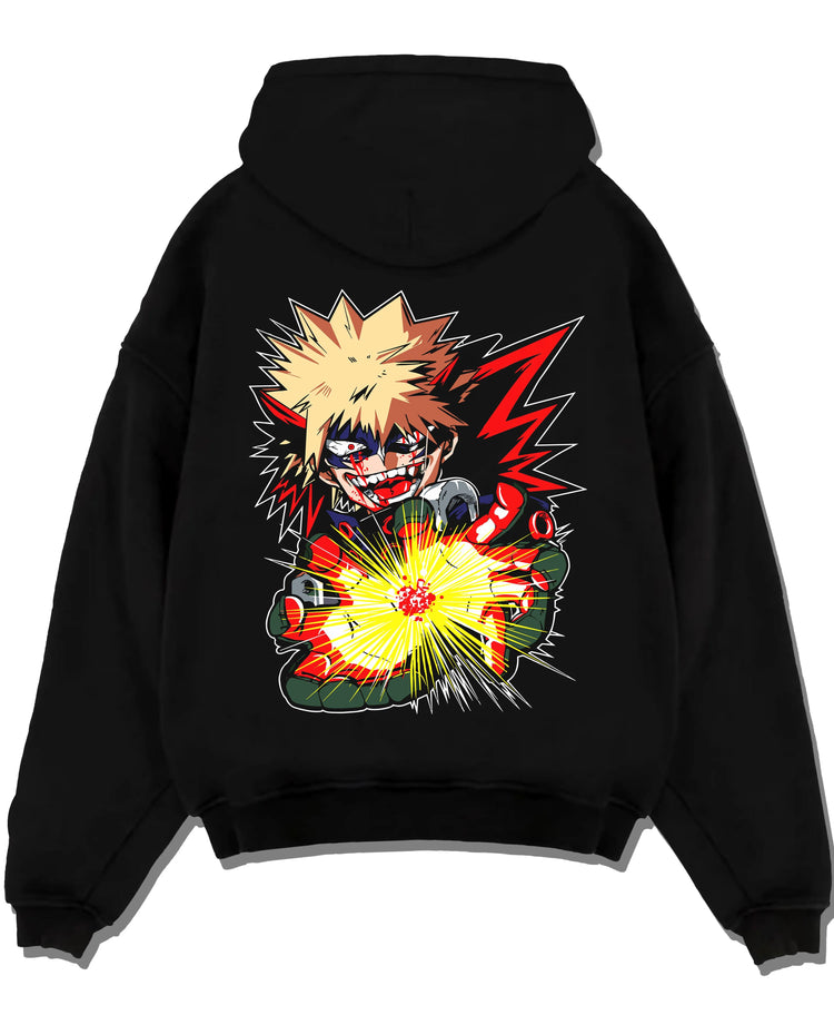 Black pullover hoodie laid flat with Bakugo Explosion Hoodie My Hero Academia Blazing Blast graphic streetwear graphic.