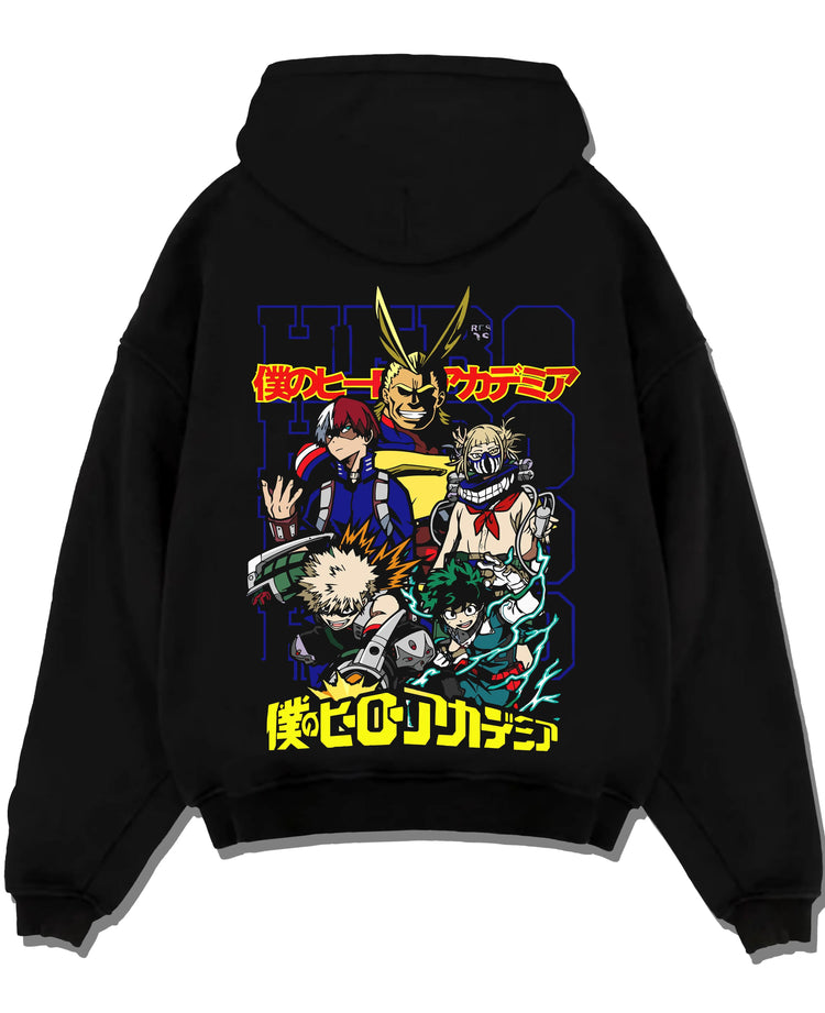 Black pullover hoodie laid flat with My Hero Academia Bakugo Hoodie Explosion Quirk Jumper graphic streetwear graphic.