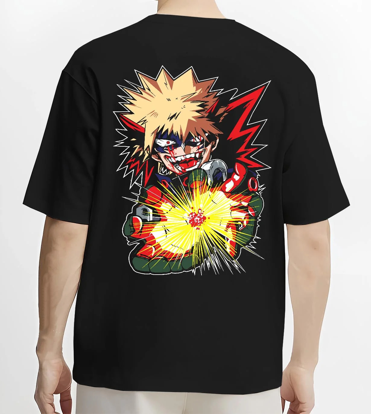 Black T-shirt worn by male model, back view with Bakugo Explosion Hoodie My Hero Academia Blazing Blast graphic premium wear.