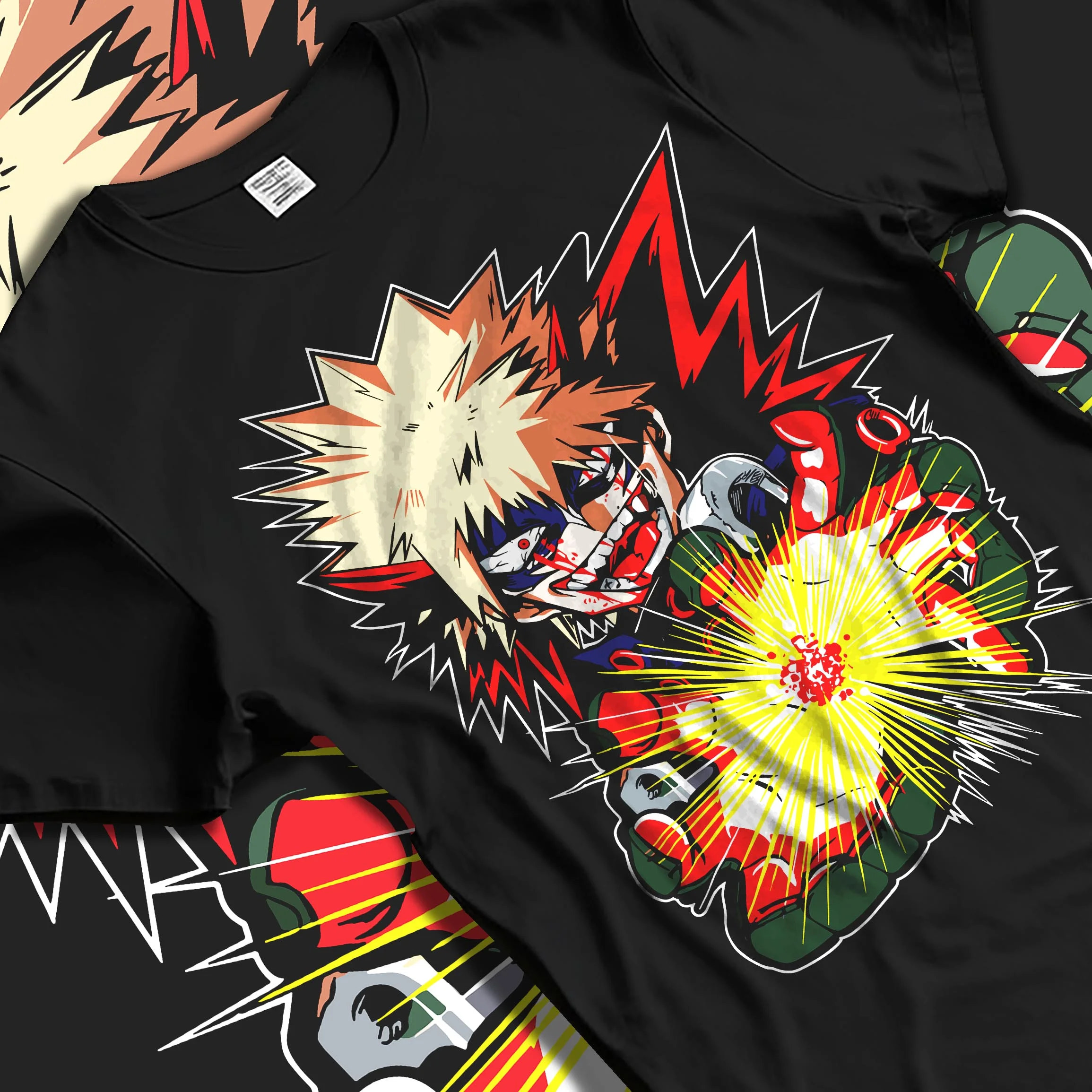Black T-shirt laid flat with natural folds with Bakugo Explosion Hoodie My Hero Academia Blazing Blast graphic premium wear.