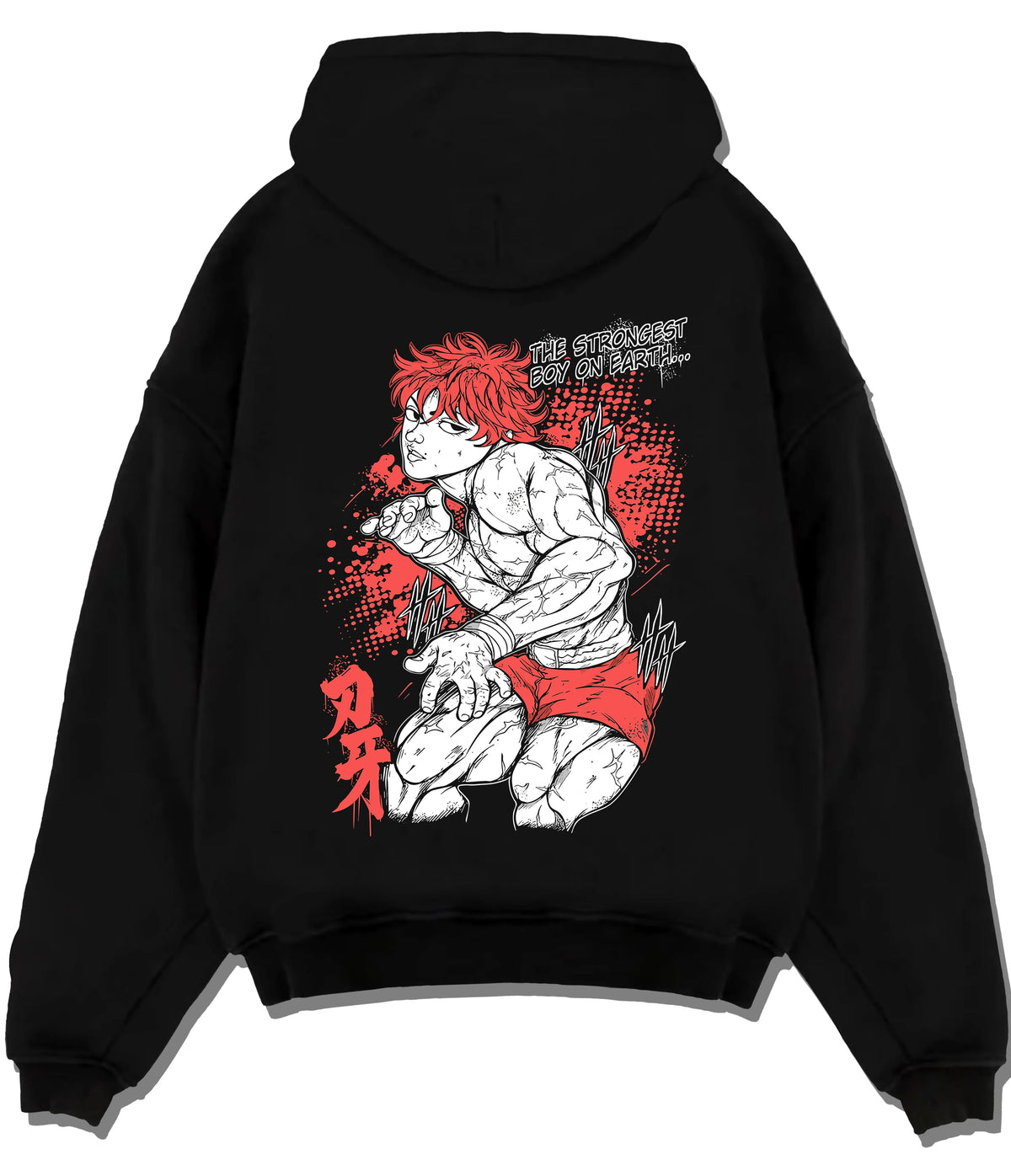 Black hoodie flat back view showing Baki Hanma: crouched fighting pose