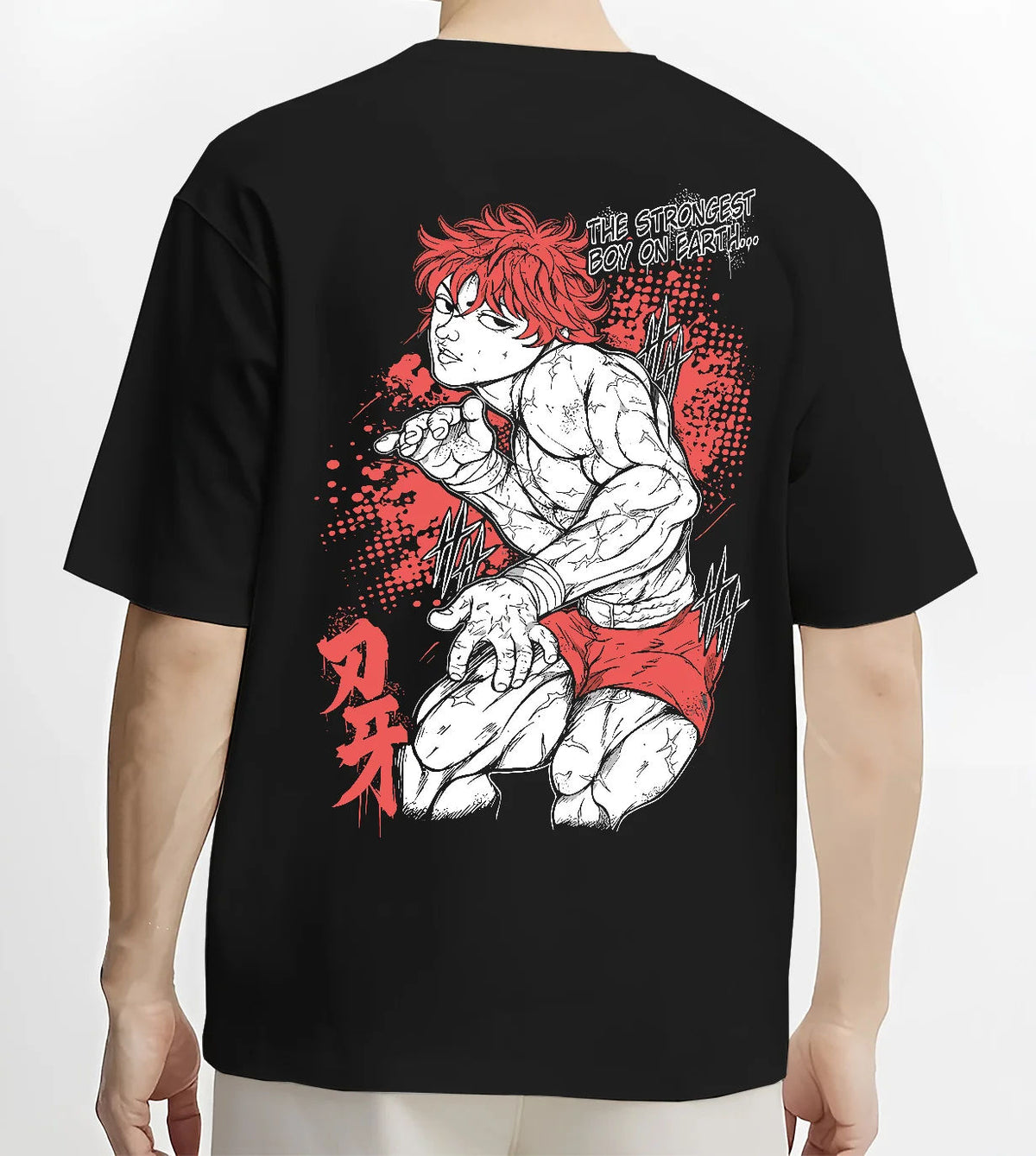 Black T-shirt model back view showing Baki Hanma: crouched fighting pose