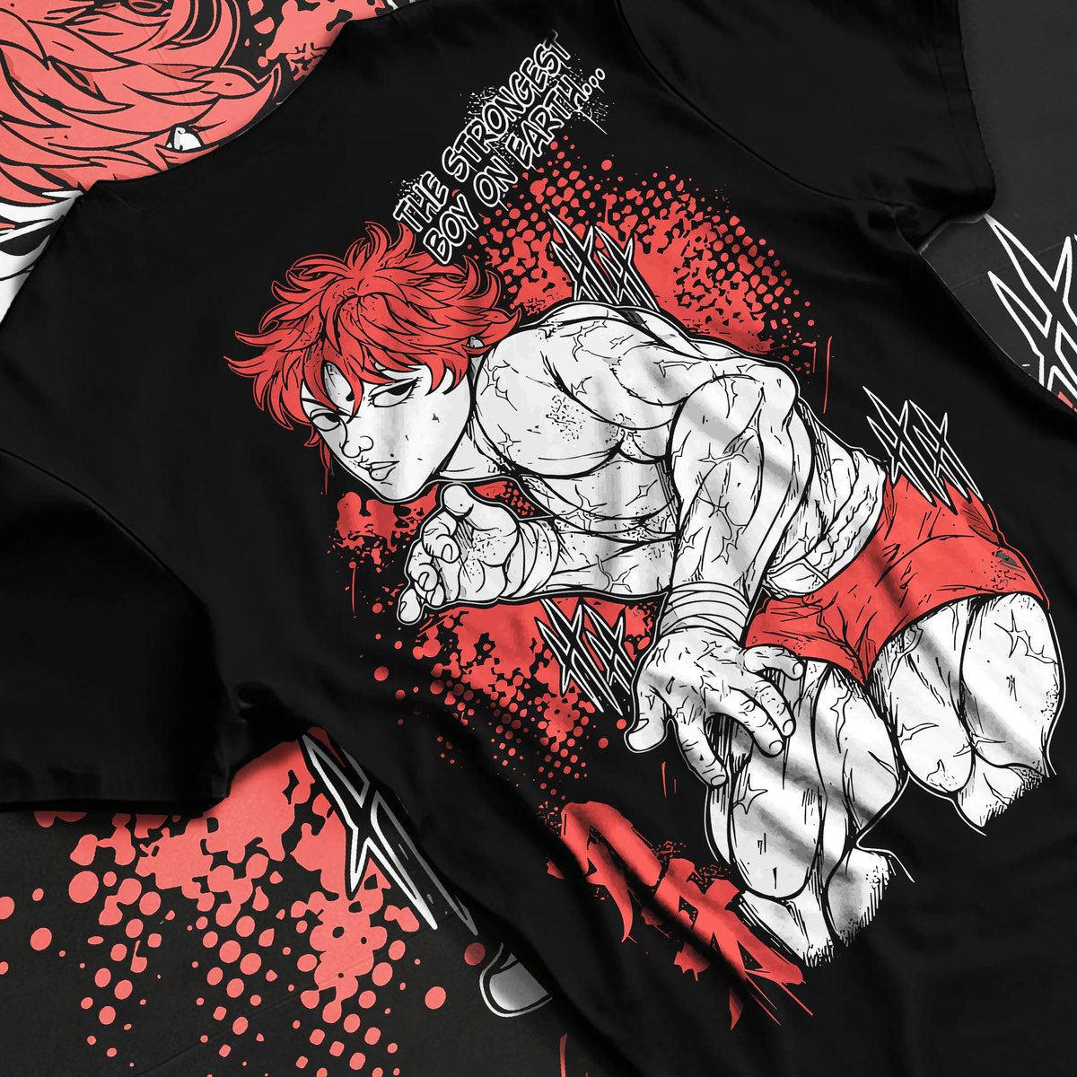 Black T-shirt flat back view showing Baki Hanma: crouched fighting pose