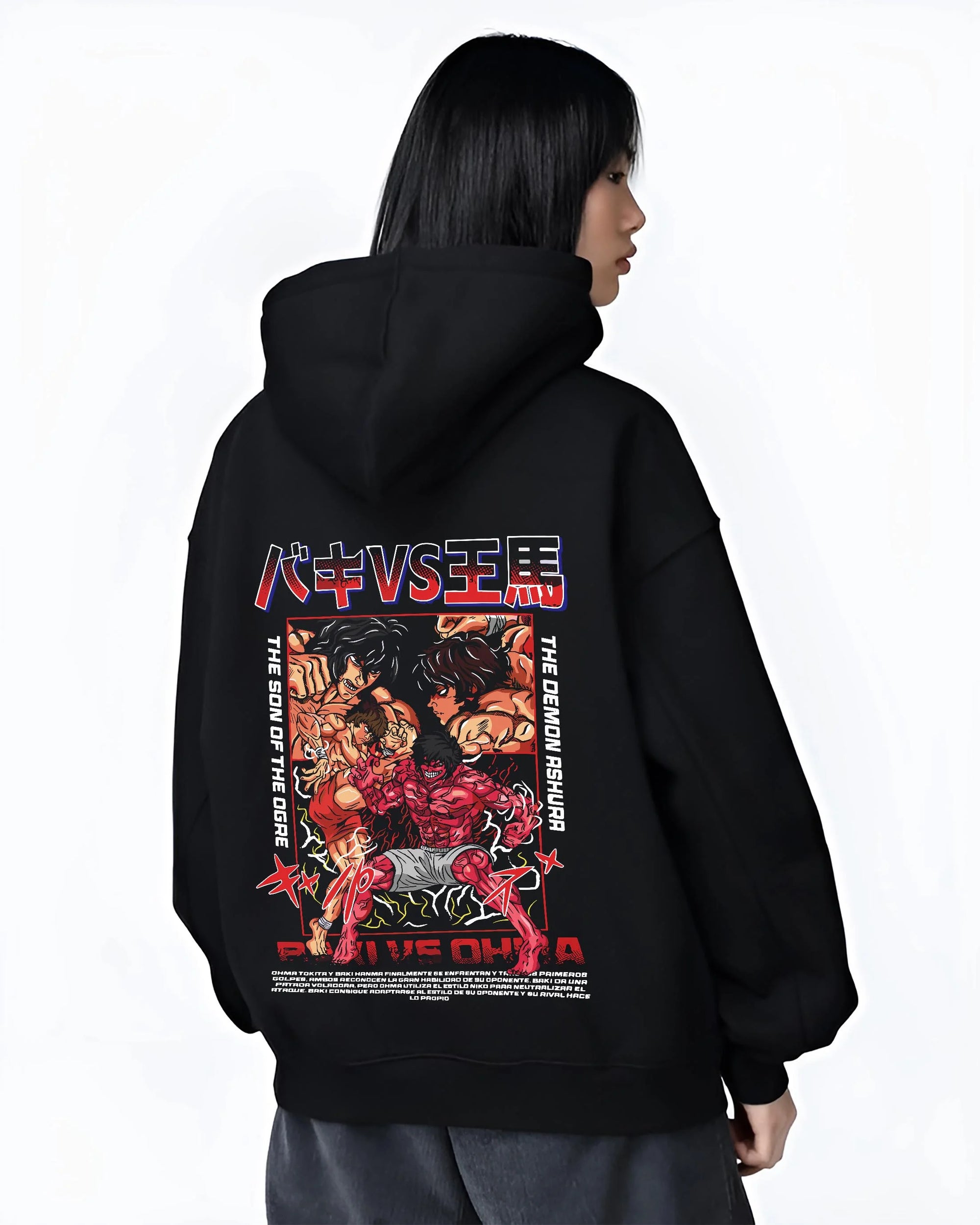 Black hoodie worn by female model, back view with Baki vs Ohma Hoodie Baki Hanma Kengan Ashura Showdown graphic premium wear.