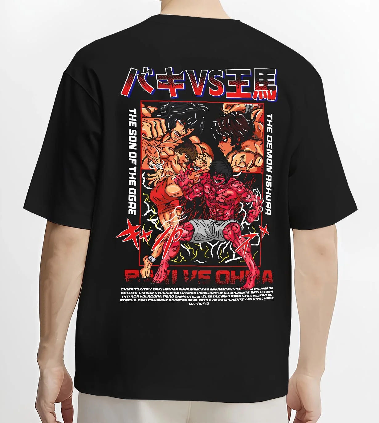 Black T-shirt worn by male model, back view with Baki vs Ohma Hoodie Baki Hanma Kengan Ashura Showdown graphic bold anime graphic.