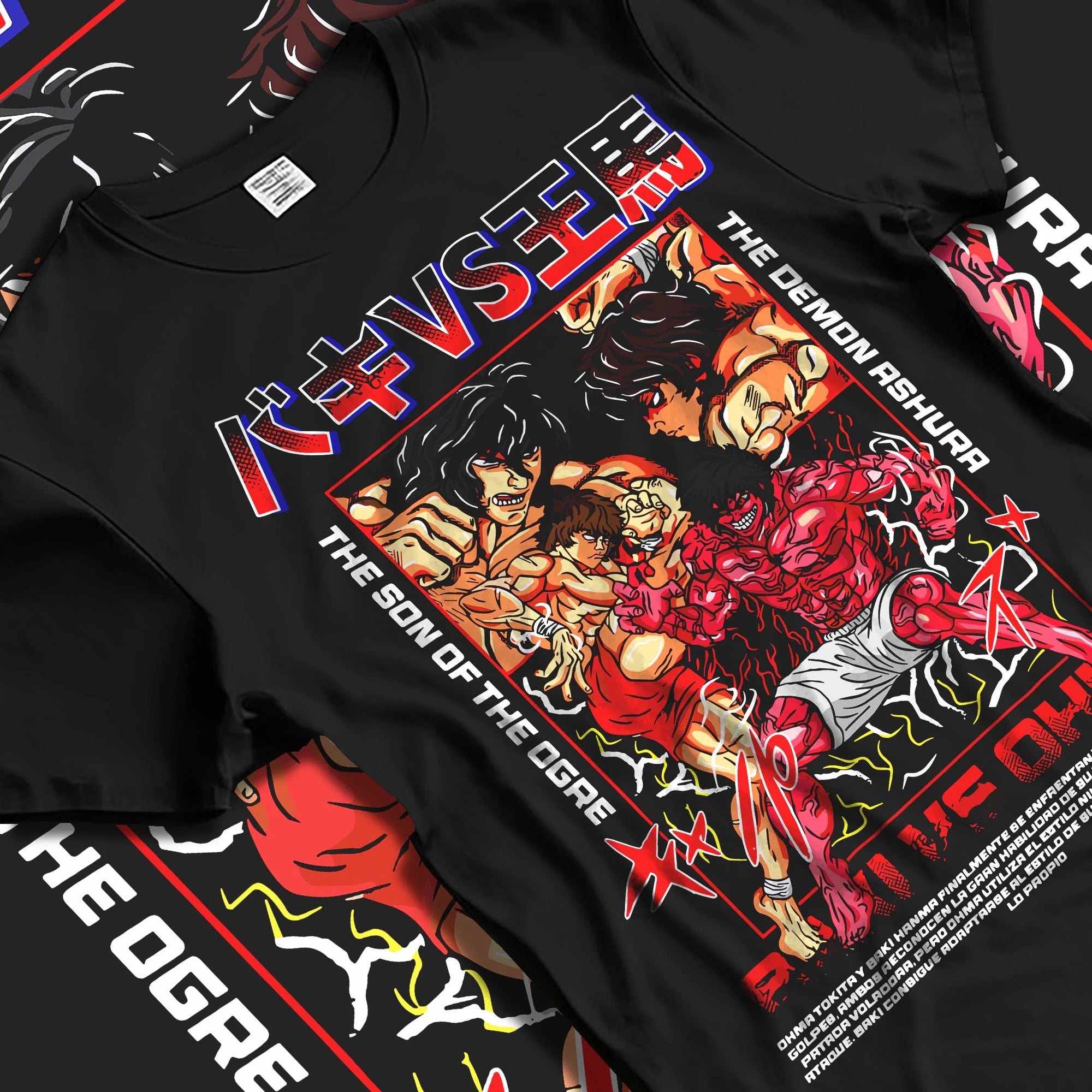 Black T-shirt laid flat with natural folds with Baki vs Ohma Hoodie Baki Hanma Kengan Ashura Showdown graphic premium wear.