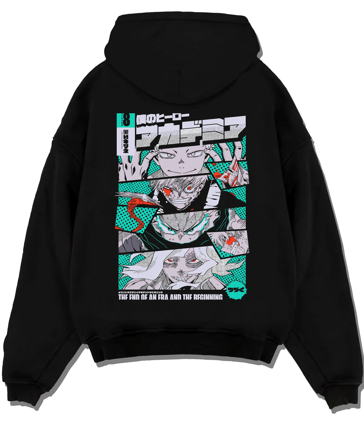 Black hoodie flat back view showing Katsuki Bakugo from My Hero Academia: manga panels