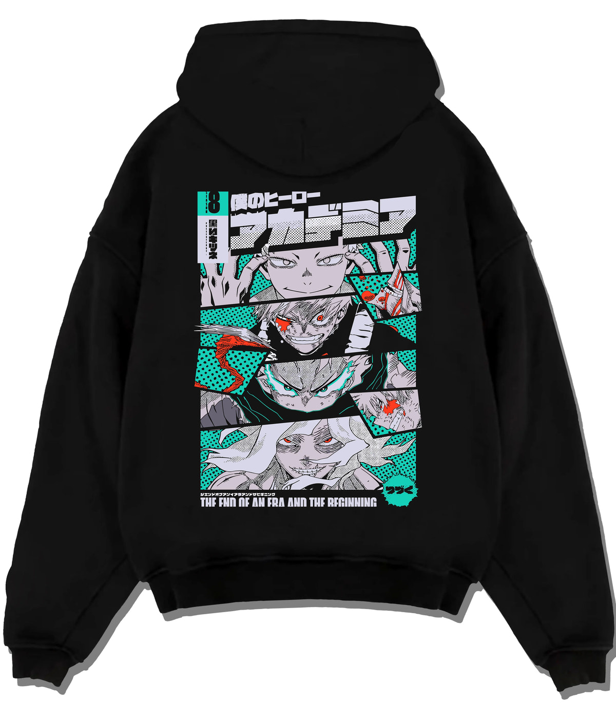 Black hoodie flat back view showing Katsuki Bakugo from My Hero Academia: manga panels