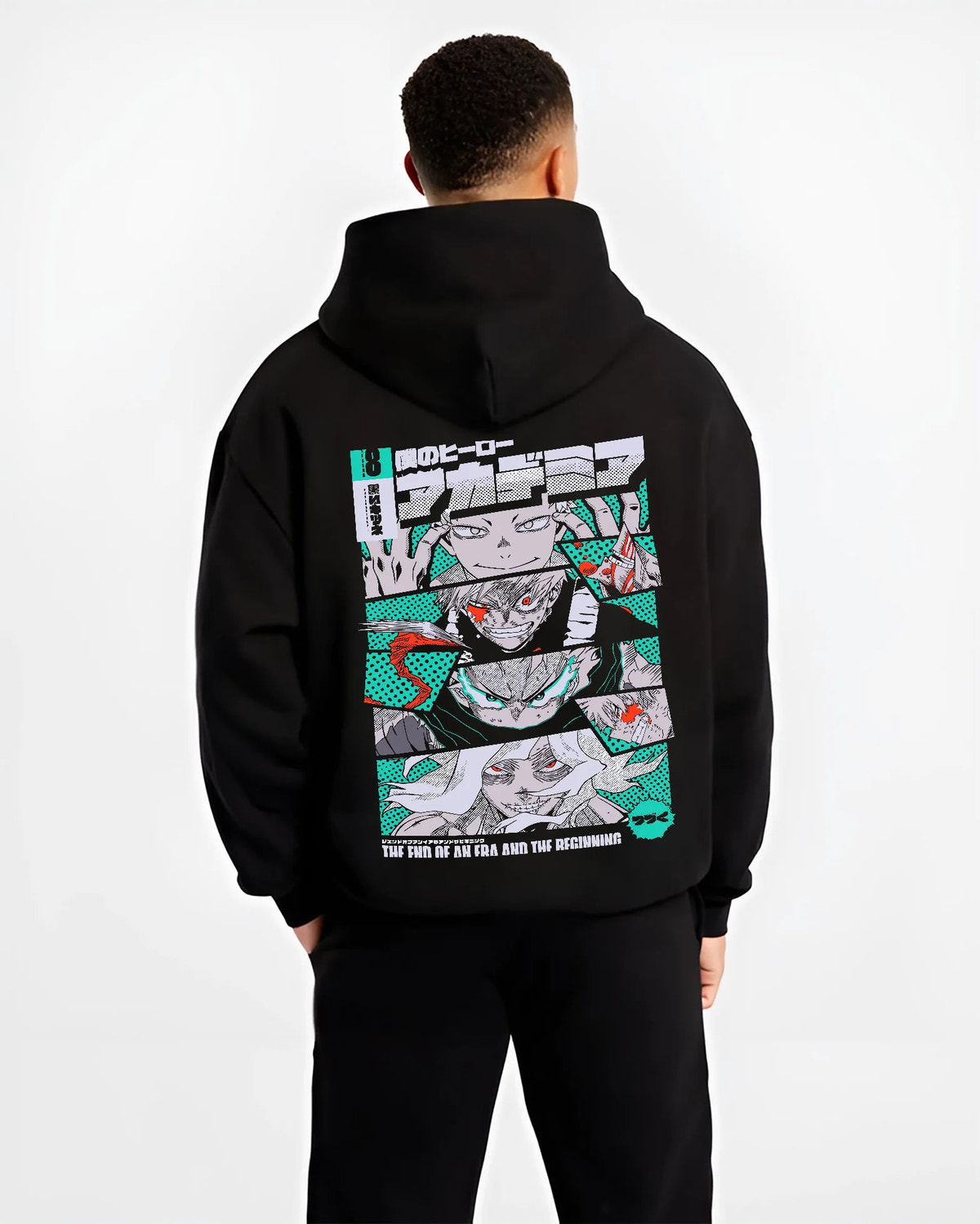 Black hoodie model back view showing Katsuki Bakugo from My Hero Academia: manga panels