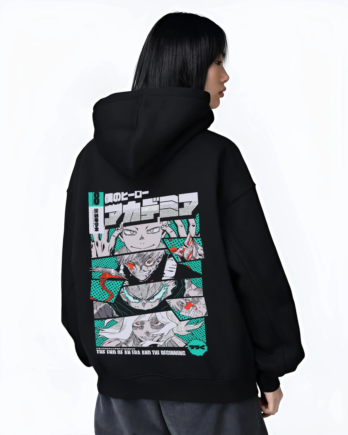 Black hoodie female model back view showing Katsuki Bakugo from My Hero Academia: manga panels