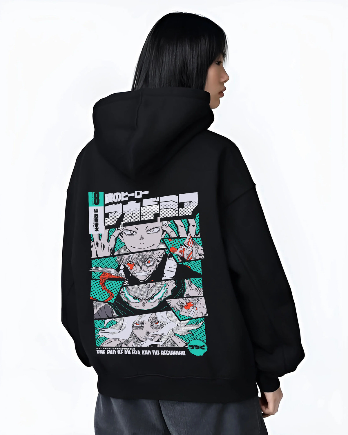 Black hoodie female model back view showing Katsuki Bakugo from My Hero Academia: manga panels