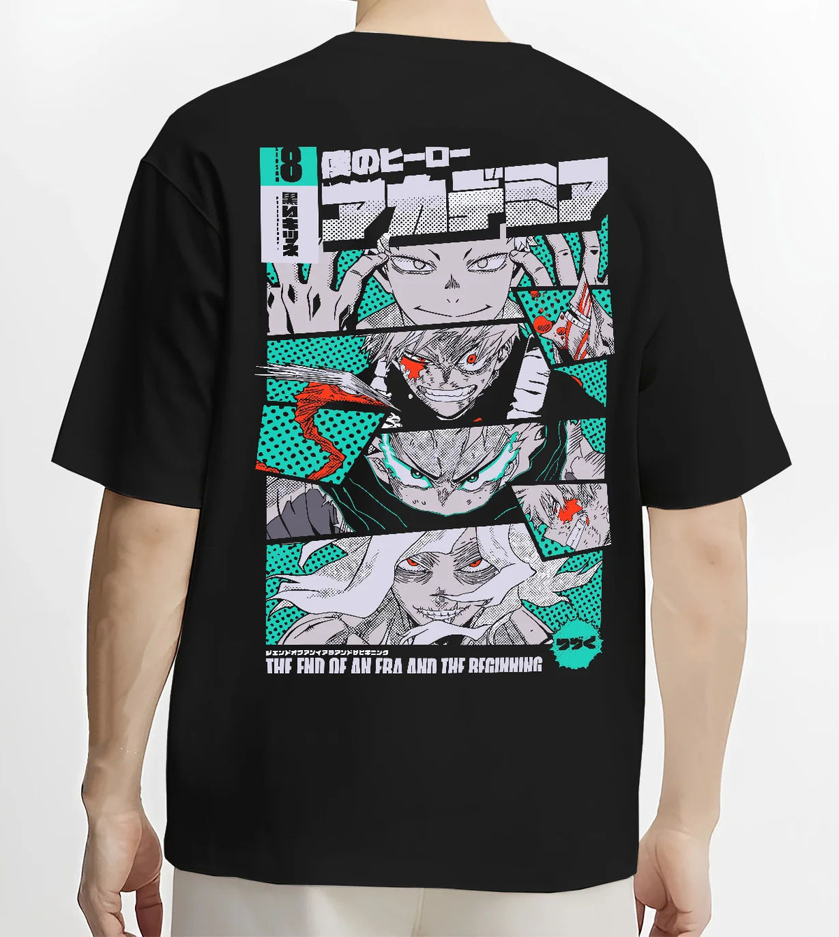 Black T-shirt model back view showing Katsuki Bakugo from My Hero Academia: manga panels