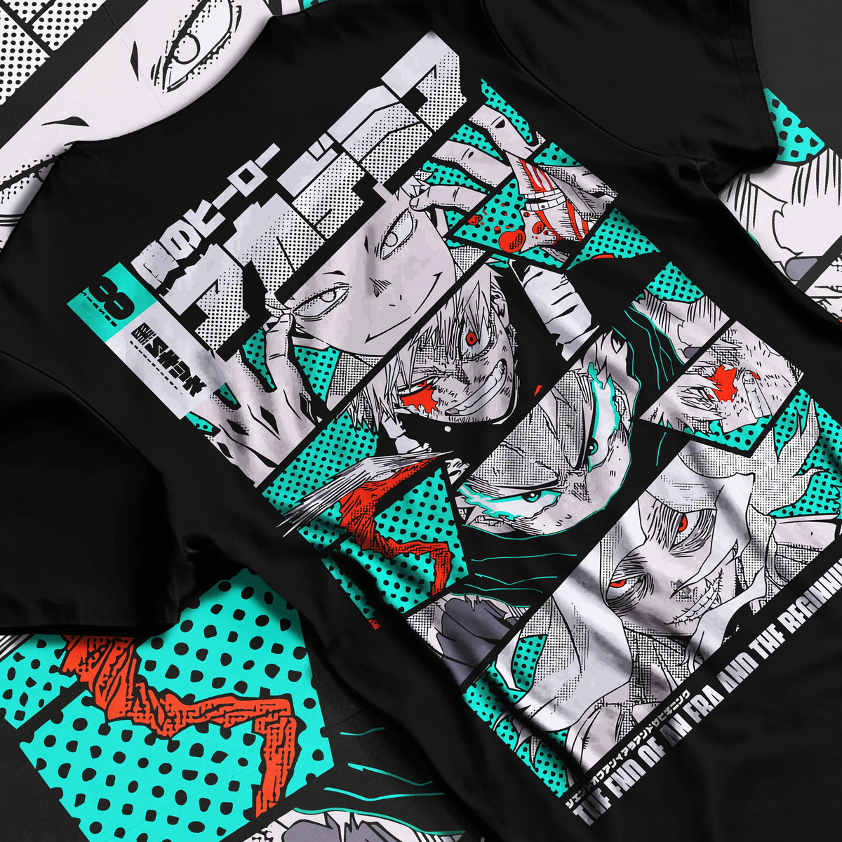 Black T-shirt flat back view showing Katsuki Bakugo from My Hero Academia: manga panels