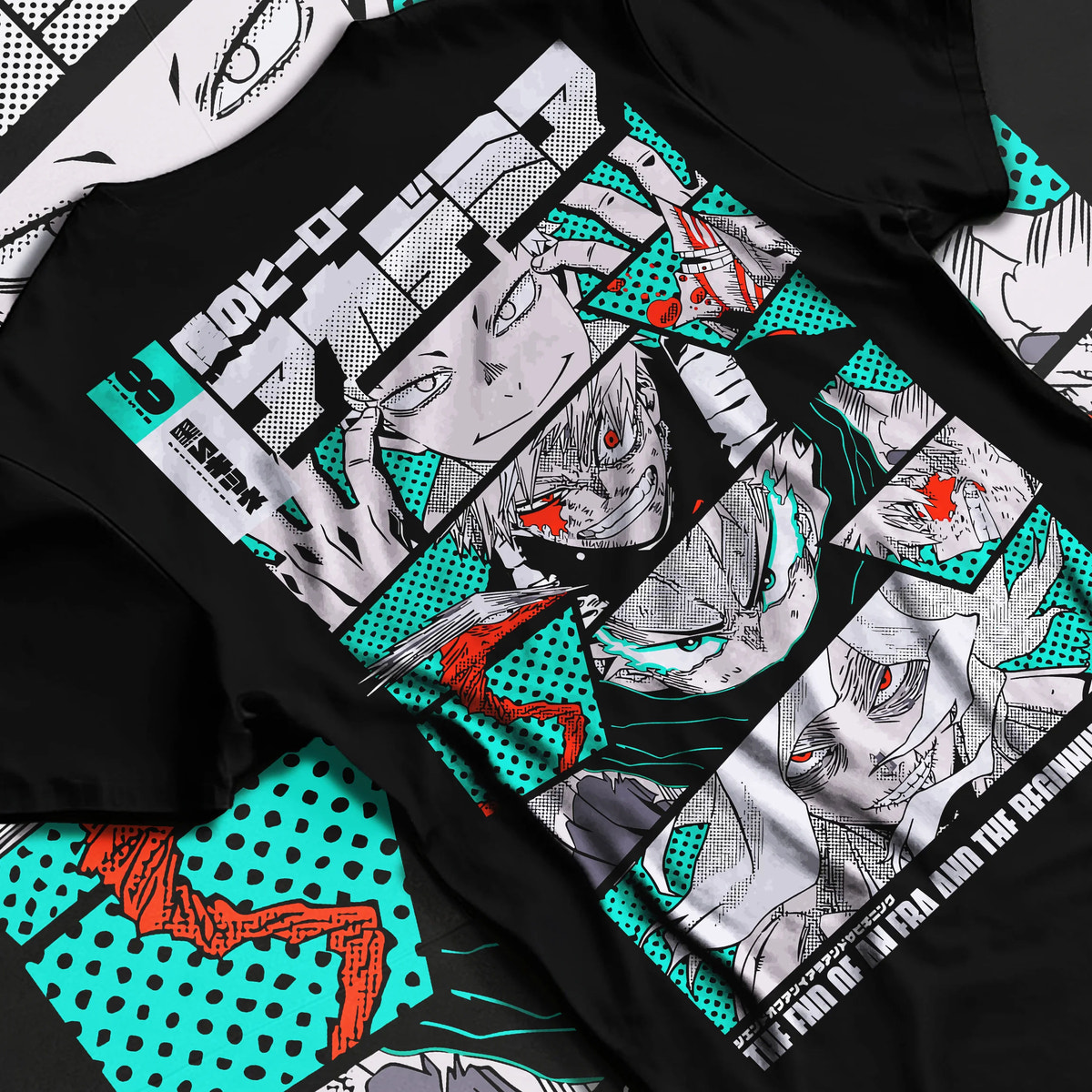 Black T-shirt flat back view showing Katsuki Bakugo from My Hero Academia: manga panels