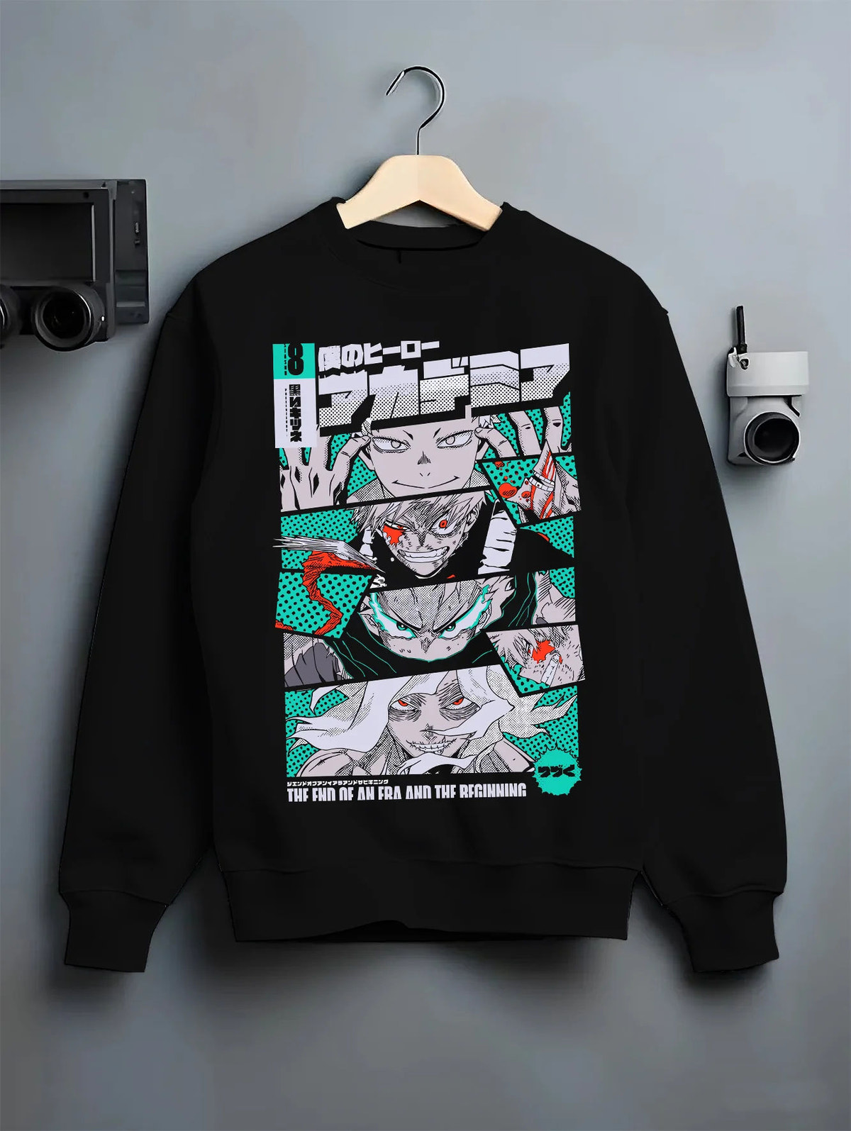 Black crewneck sweatshirt on hanger showing Katsuki Bakugo from My Hero Academia: manga panels