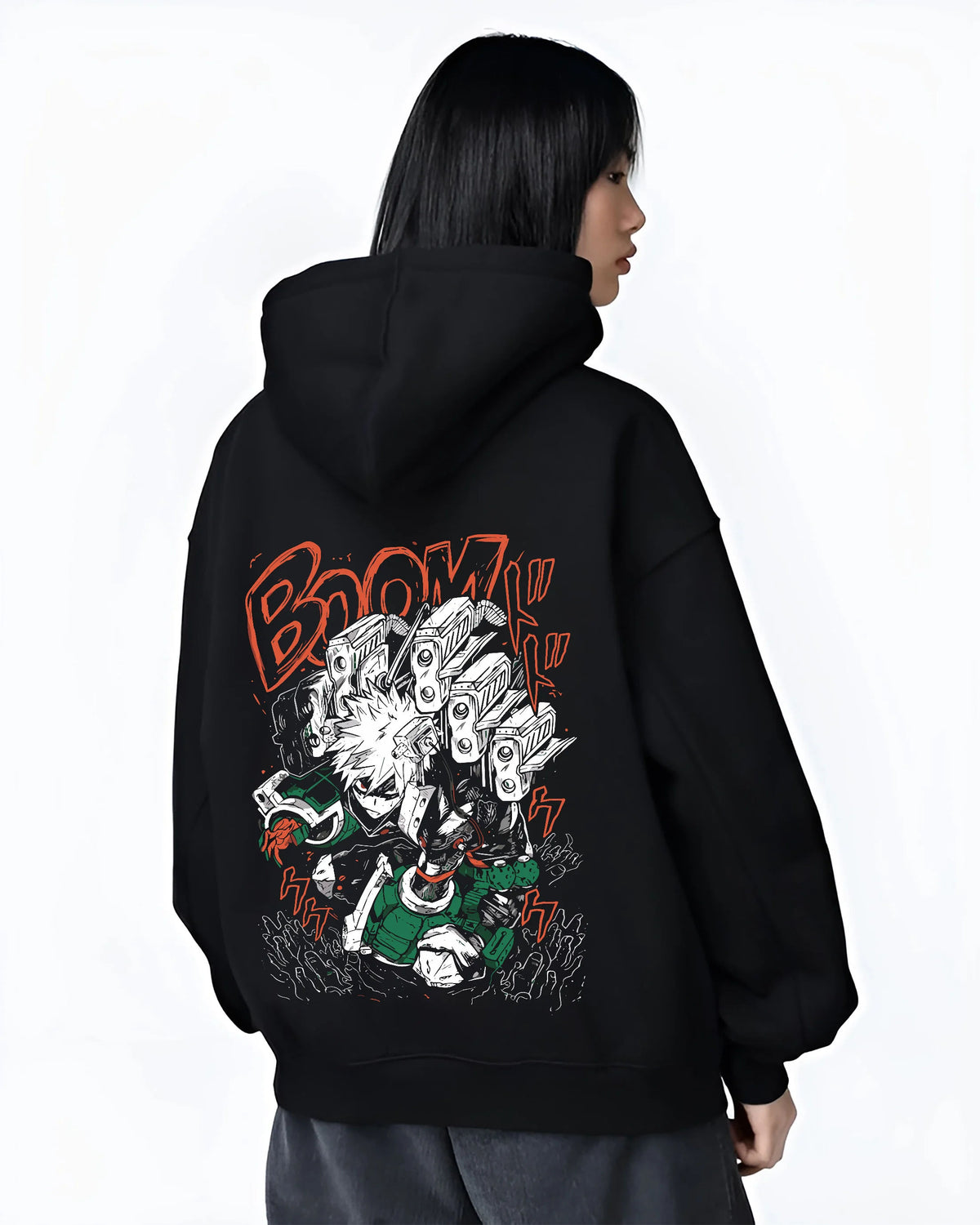 Black hoodie female model back view showing Izuku Midoriya from My Hero Academia: One For All