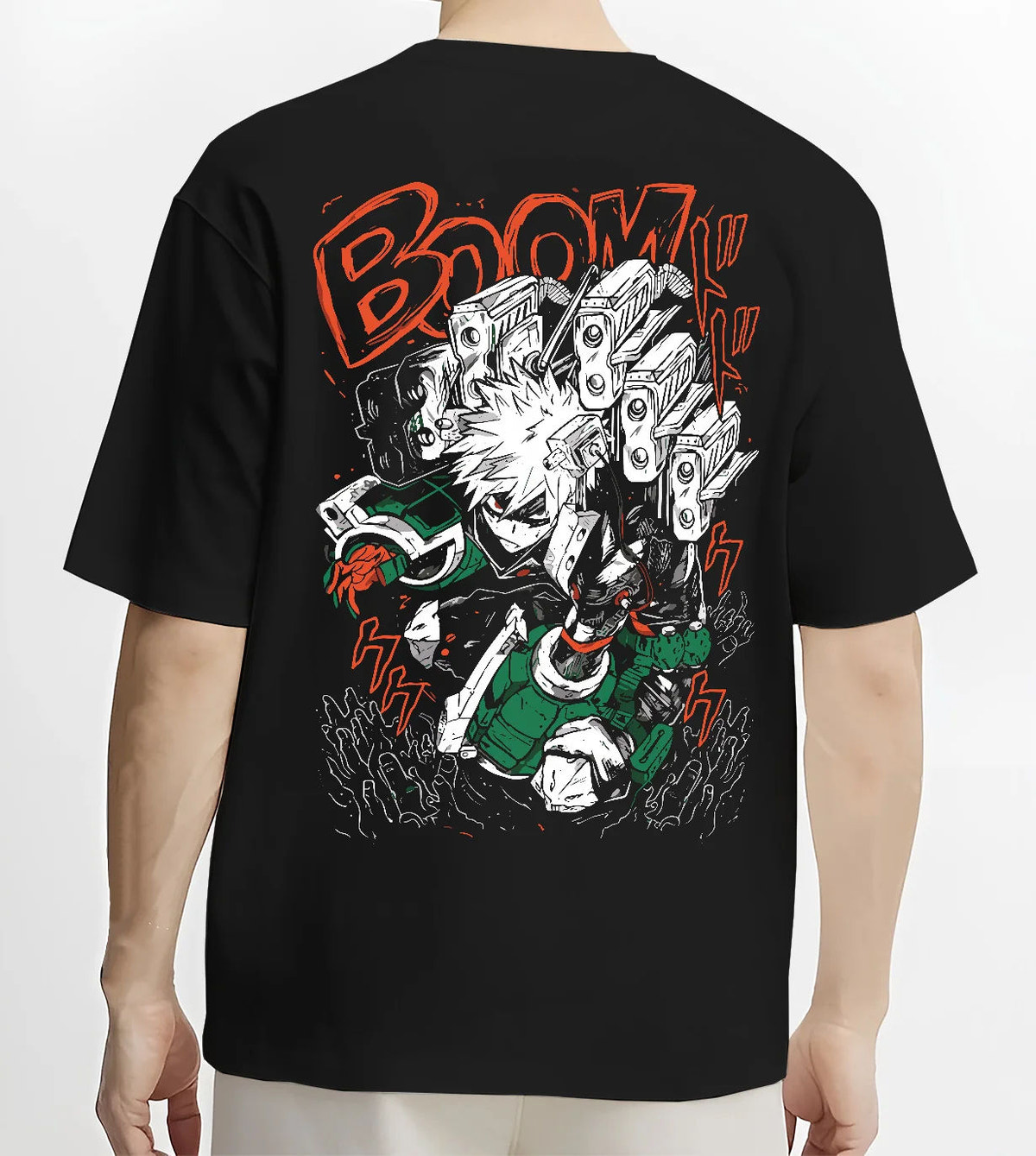 Black T-shirt model back view showing Izuku Midoriya from My Hero Academia: One For All