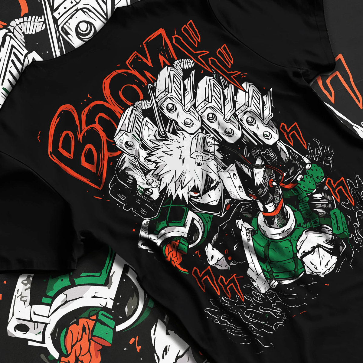 Black T-shirt flat back view showing Izuku Midoriya from My Hero Academia: One For All