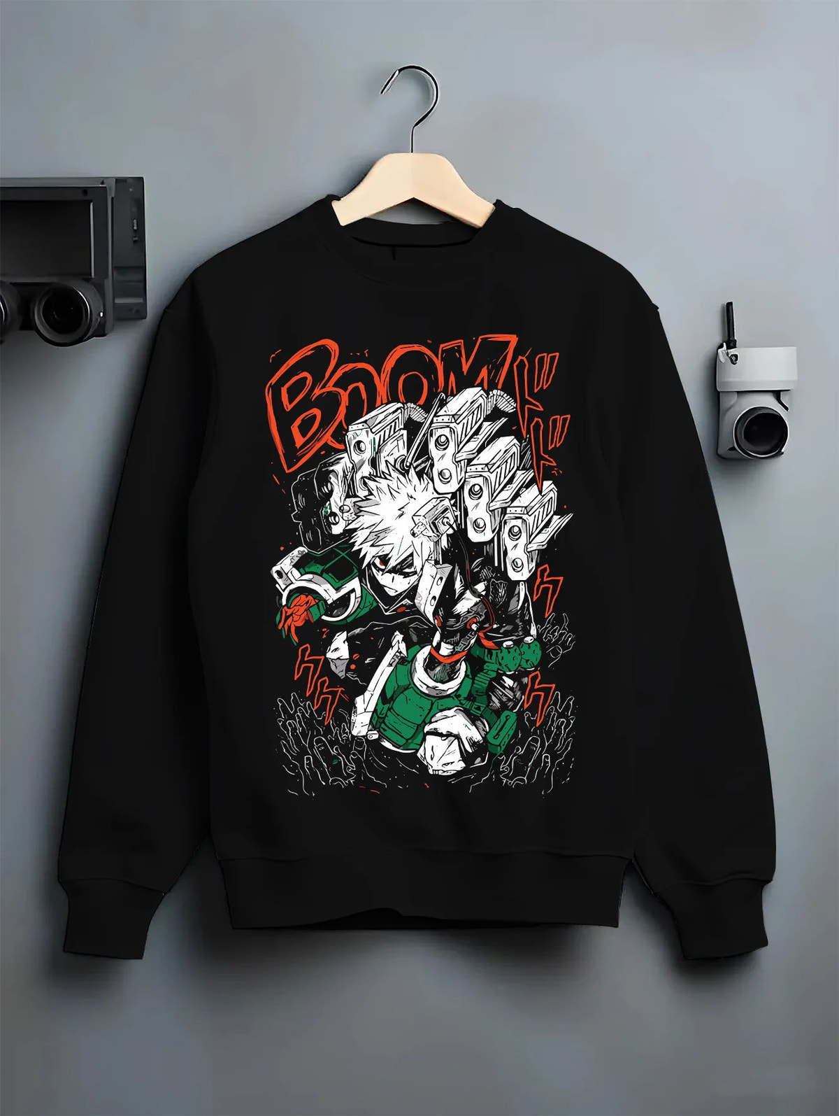 Black crewneck sweatshirt on hanger showing Izuku Midoriya from My Hero Academia: One For All