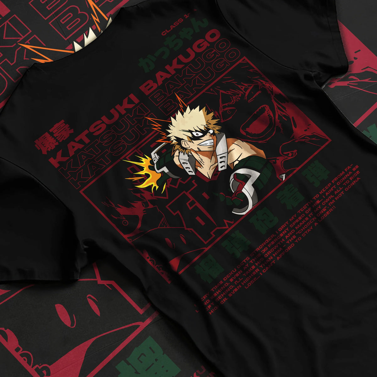 Black T-shirt flat back view showing Katsuki Bakugo from My Hero Academia: comic collage