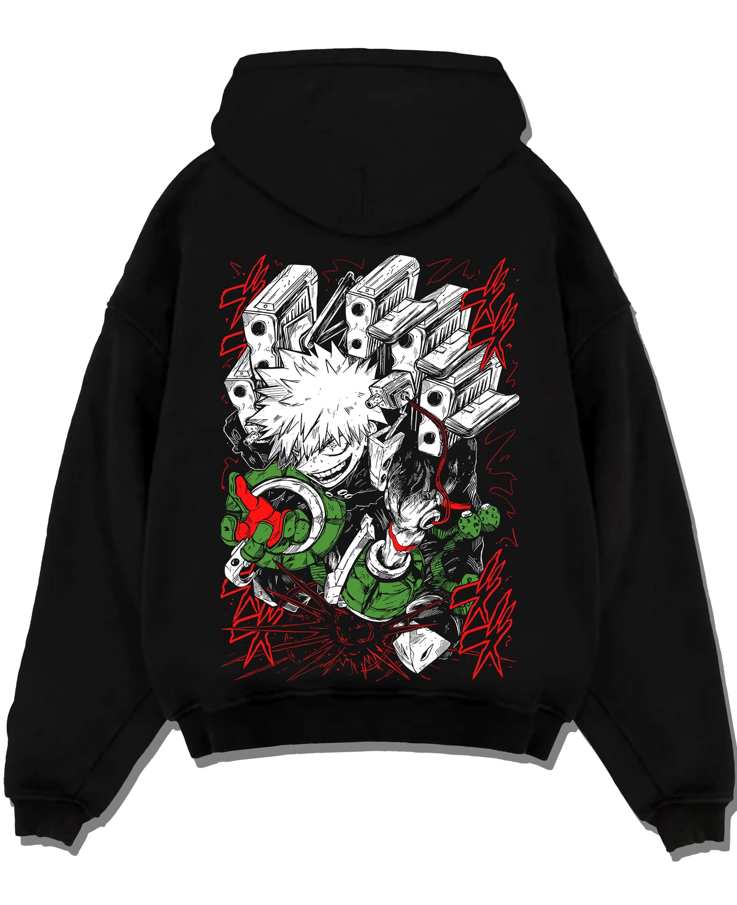 Black pullover hoodie laid flat with My Hero Academia Bakugo Hoodie Fierce Explosion Jumper graphic streetwear graphic.