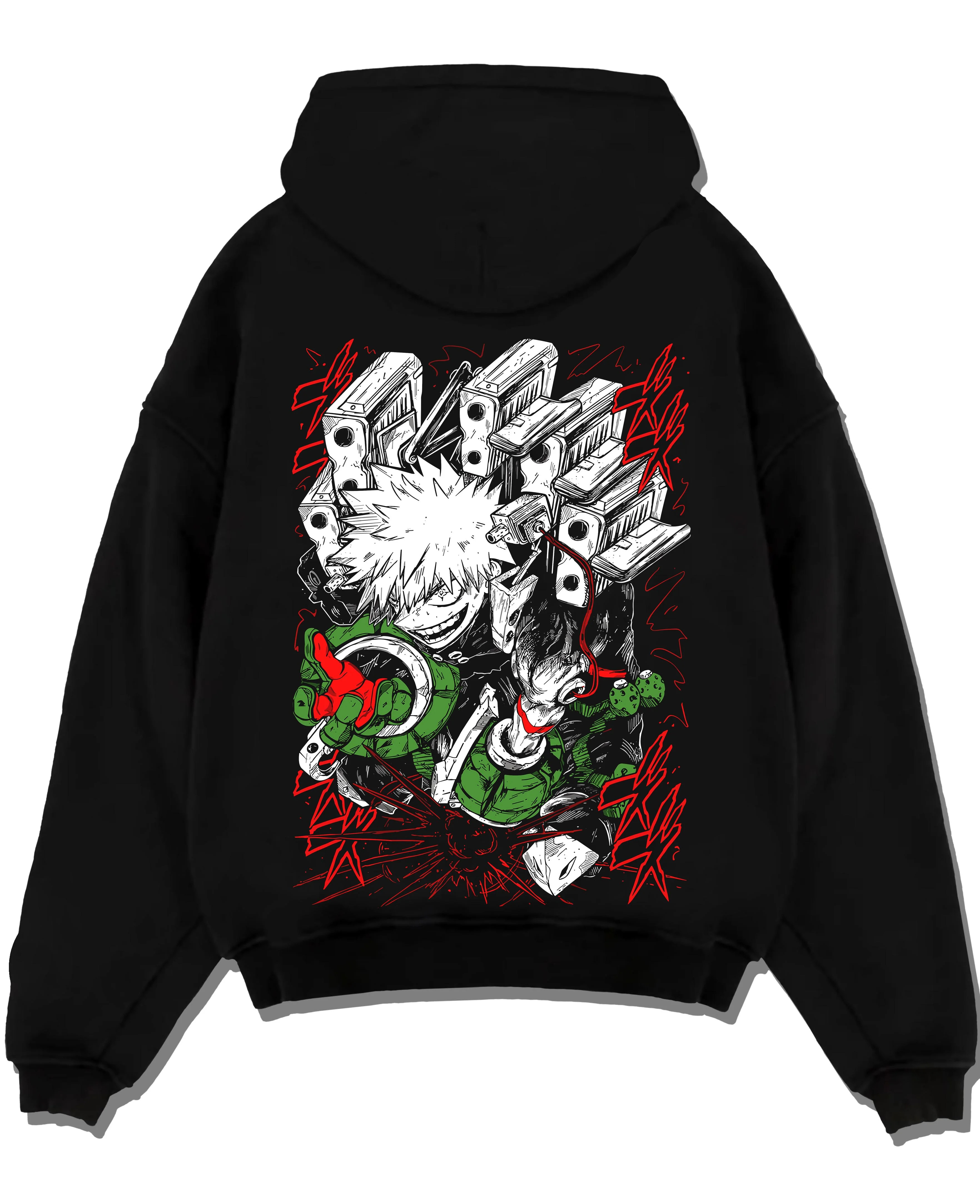 Black pullover hoodie laid flat with My Hero Academia Bakugo Hoodie Fierce Explosion Jumper graphic streetwear graphic.