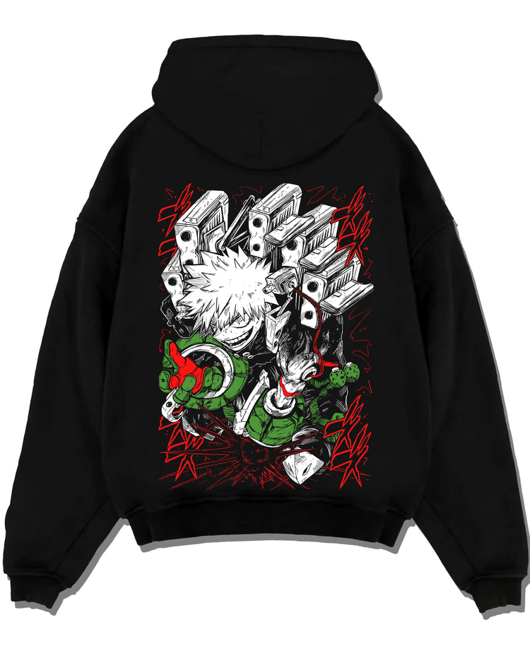 Black pullover hoodie laid flat with My Hero Academia Bakugo Hoodie Fierce Explosion Jumper graphic streetwear graphic.