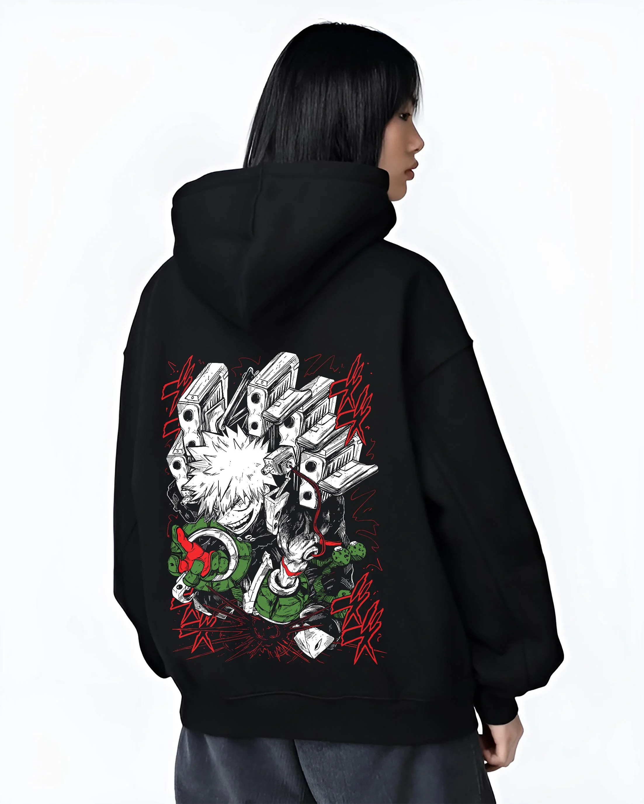 Black hoodie worn by female model, back view with My Hero Academia Bakugo Hoodie Fierce Explosion Jumper graphic premium wear.