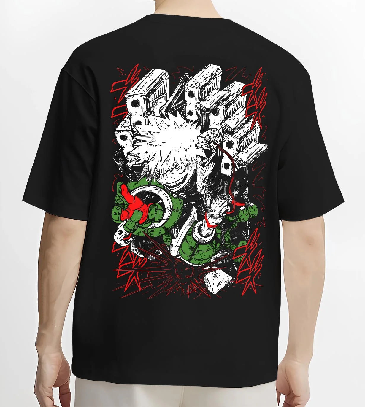 Black T-shirt worn by male model, back view with My Hero Academia Bakugo Hoodie Fierce Explosion Jumper graphic bold anime graphic.