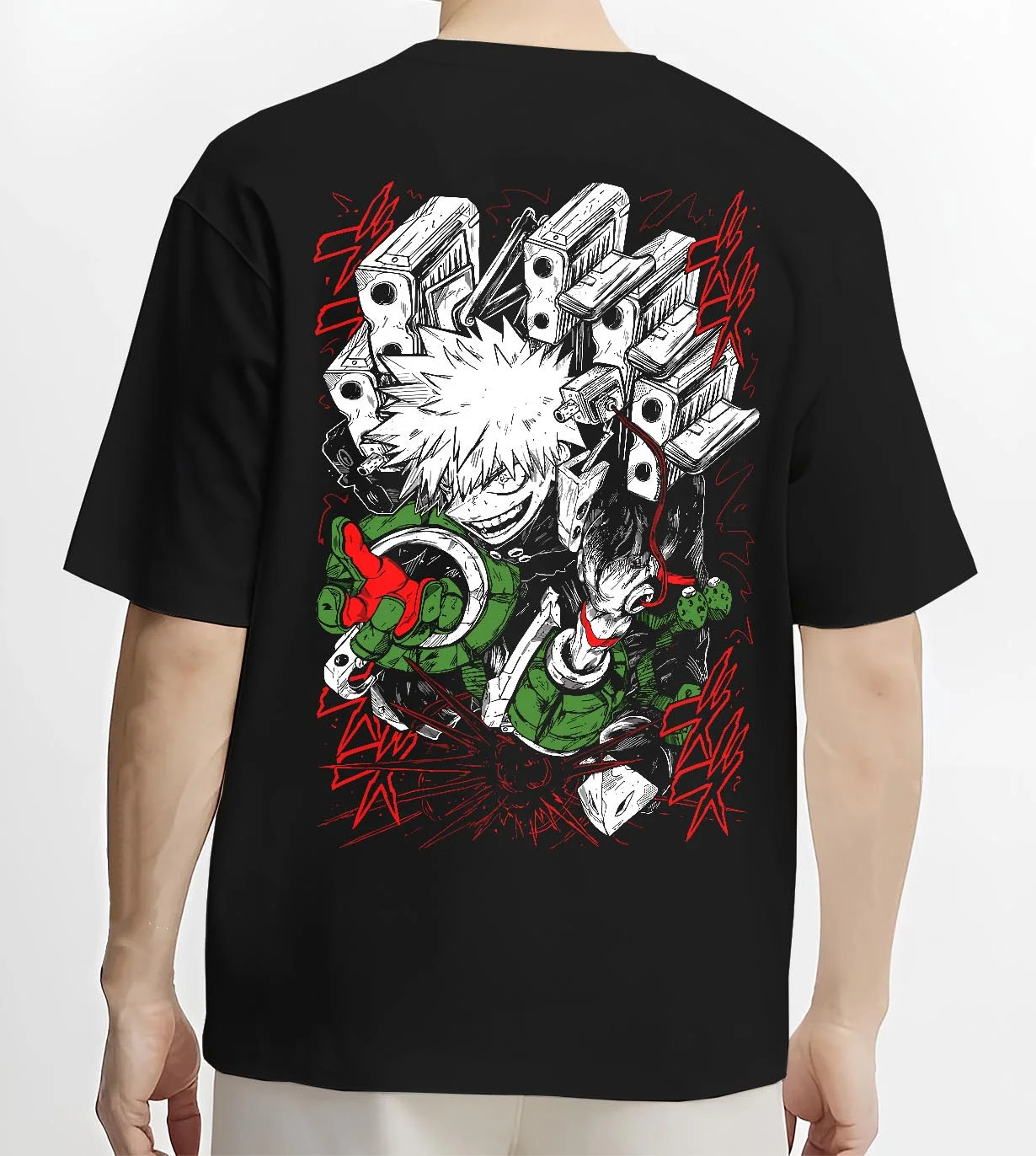 Black T-shirt worn by male model, back view with My Hero Academia Bakugo Hoodie Fierce Explosion Jumper graphic bold anime graphic.