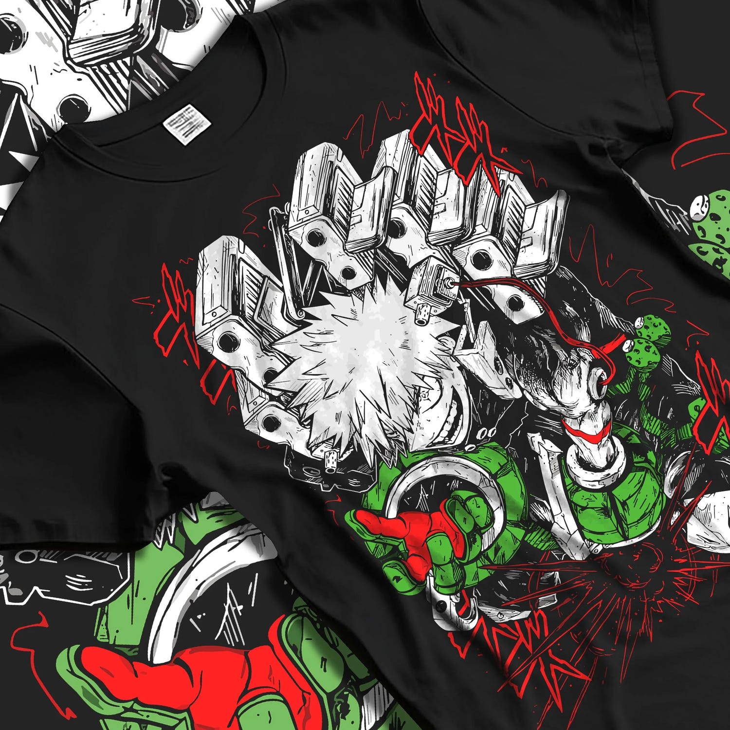 Black T-shirt laid flat with natural folds with My Hero Academia Bakugo Hoodie Fierce Explosion Jumper graphic premium wear.