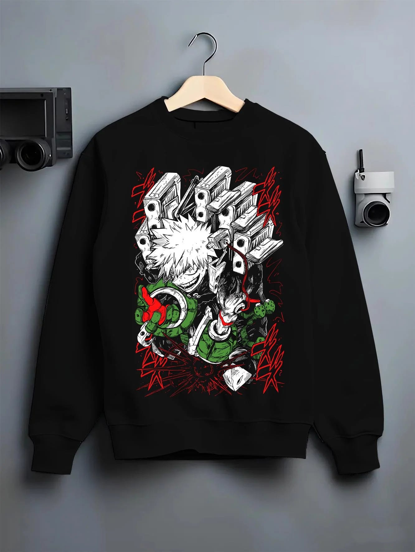 Black crewneck sweatshirt on hanger with My Hero Academia Bakugo Hoodie Fierce Explosion Jumper graphic premium wear.