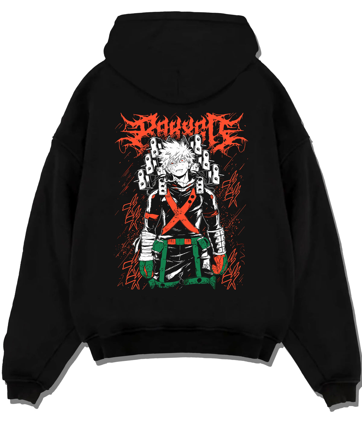 Black hoodie flat back view showing Katsuki Bakugo from My Hero Academia: explosion blast portrait