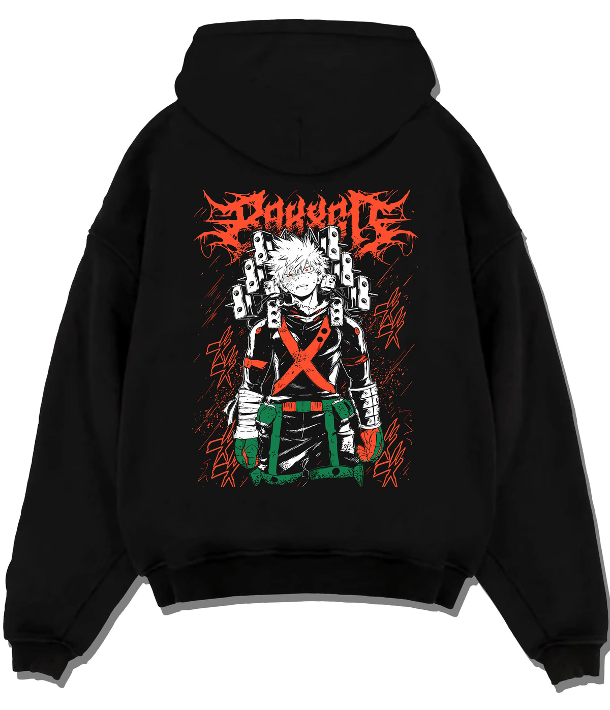 Black hoodie flat back view showing Katsuki Bakugo from My Hero Academia: explosion blast portrait