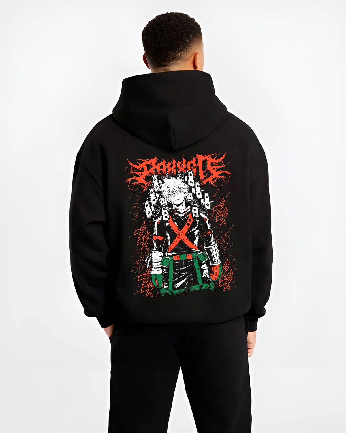 Black hoodie model back view showing Katsuki Bakugo from My Hero Academia: explosion blast portrait
