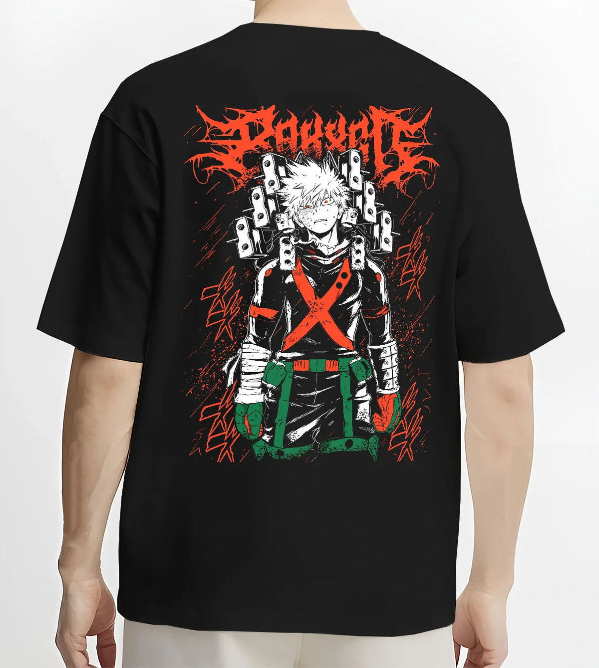 Black T-shirt model back view showing Katsuki Bakugo from My Hero Academia: explosion blast portrait