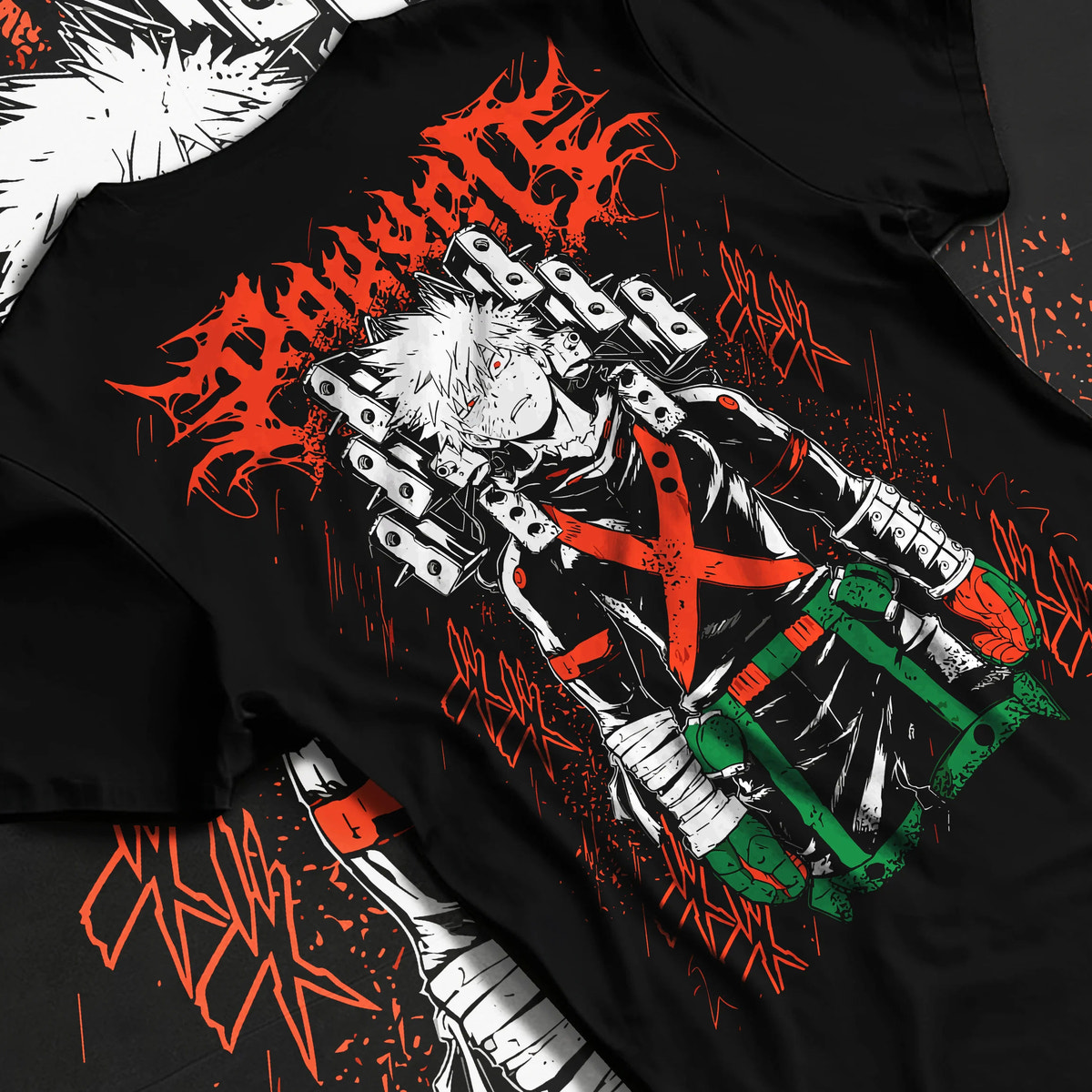 Black T-shirt flat back view showing Katsuki Bakugo from My Hero Academia: explosion blast portrait