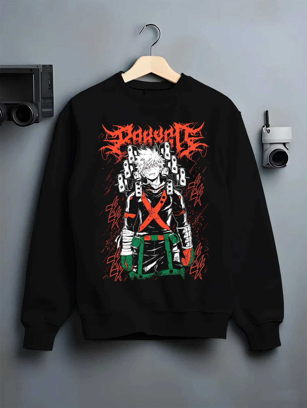 Black crewneck sweatshirt on hanger showing Katsuki Bakugo from My Hero Academia: explosion blast portrait