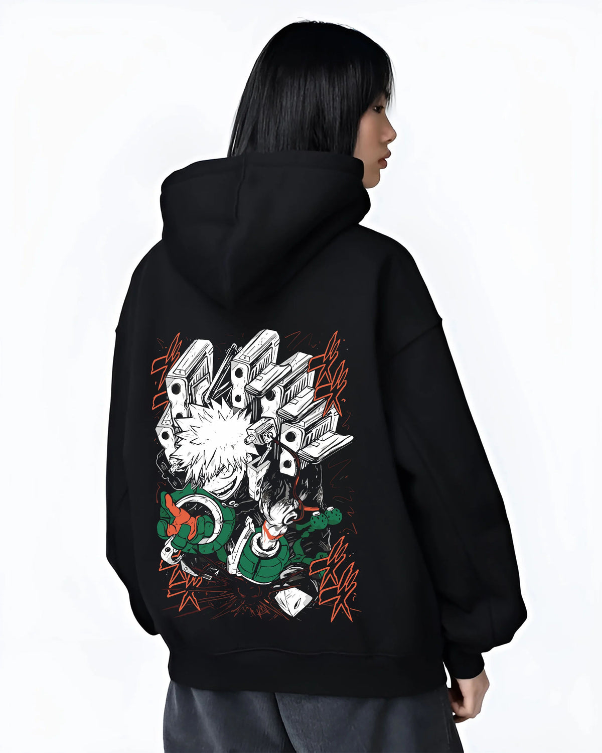 Black hoodie female model back view showing Katsuki Bakugo from My Hero Academia: hero costume, action