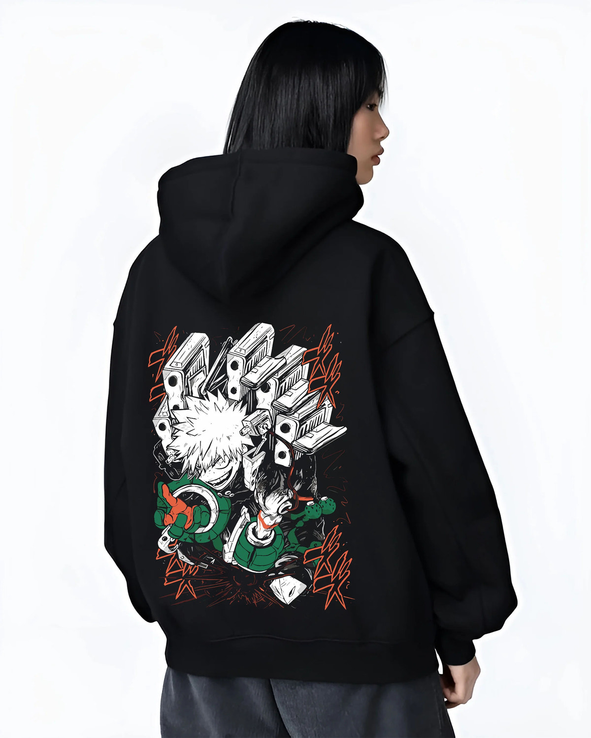 Black hoodie female model back view showing Katsuki Bakugo from My Hero Academia: hero costume, action
