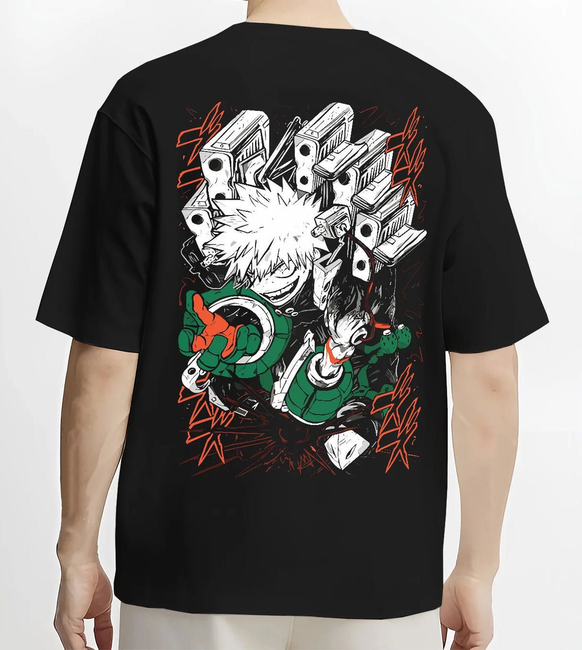 Black T-shirt model back view showing Katsuki Bakugo from My Hero Academia: hero costume, action