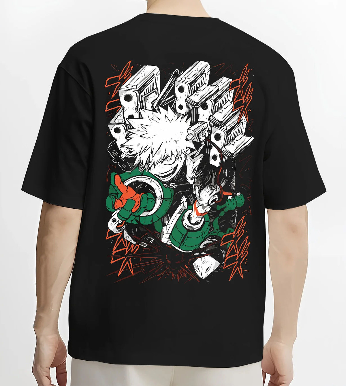 Black T-shirt model back view showing Katsuki Bakugo from My Hero Academia: hero costume, action