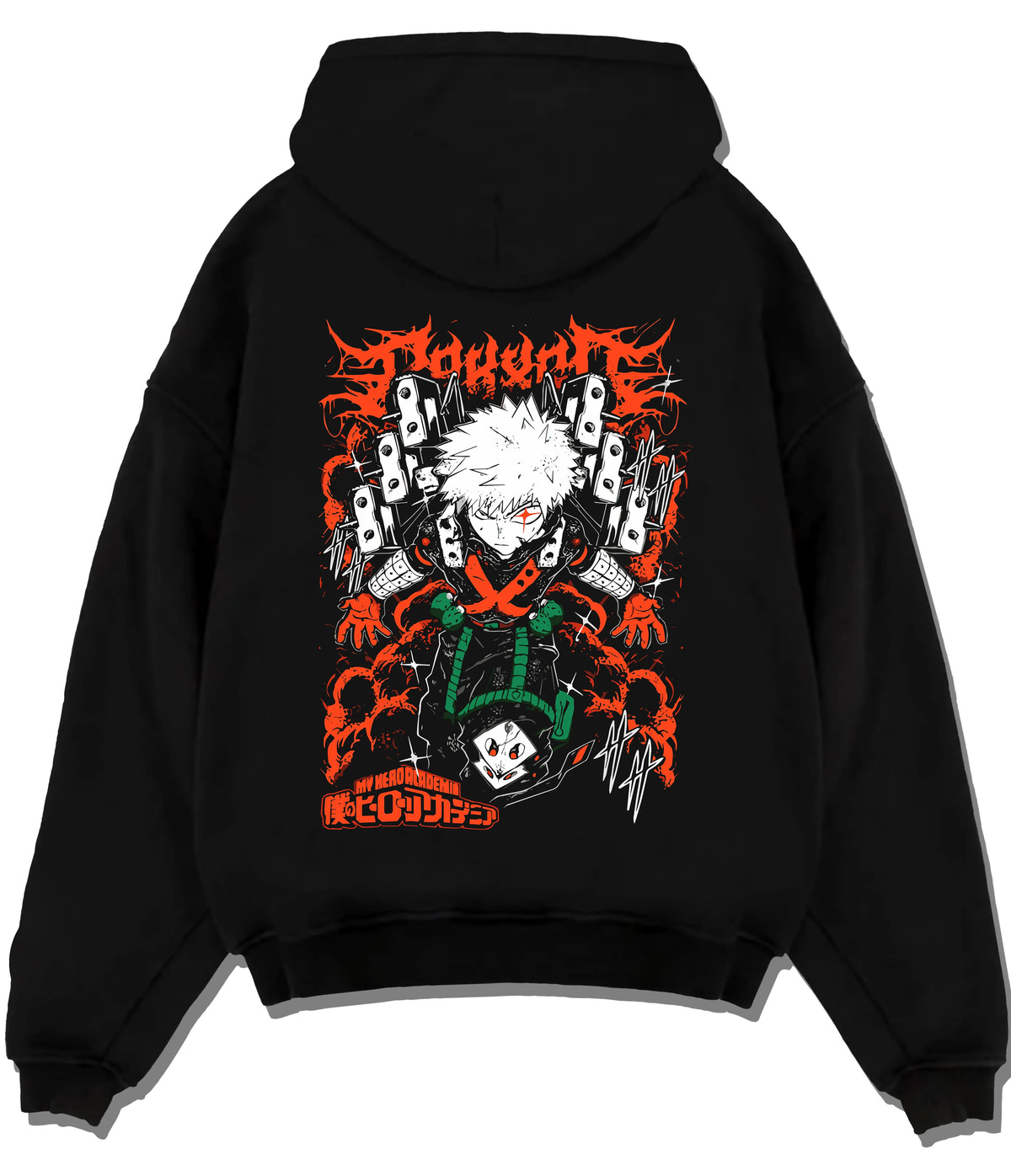 Black hoodie flat back view showing Katsuki Bakugo from My Hero Academia: orange explosion composition