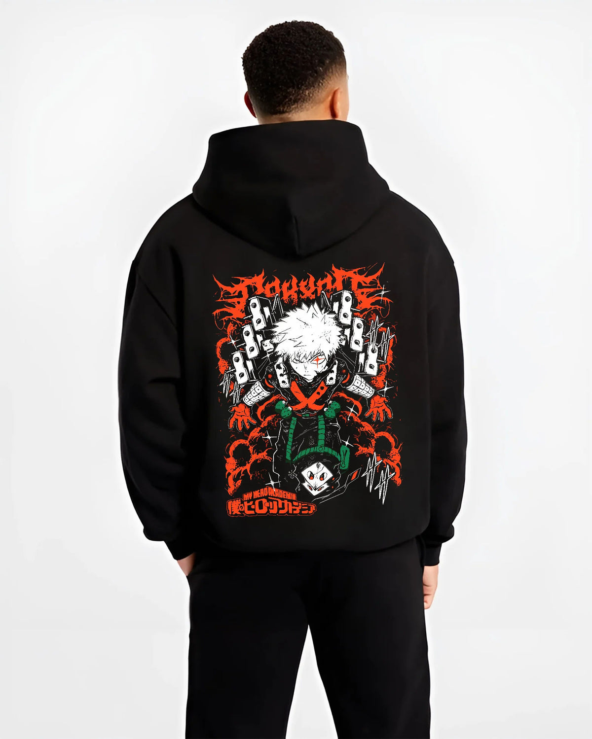 Black hoodie model back view showing Katsuki Bakugo from My Hero Academia: orange explosion composition