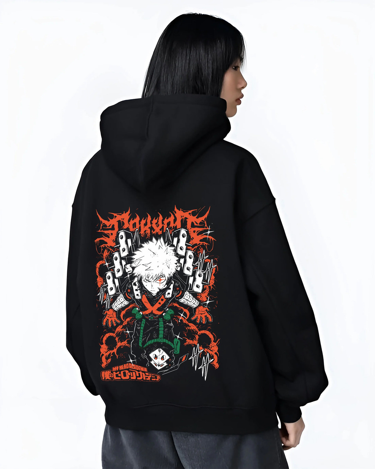 Black hoodie female model back view showing Katsuki Bakugo from My Hero Academia: orange explosion composition