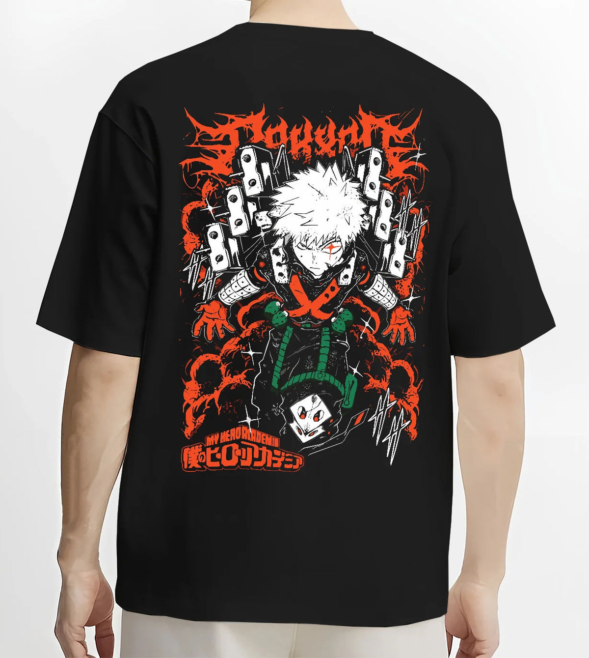 Black T-shirt model back view showing Katsuki Bakugo from My Hero Academia: orange explosion composition
