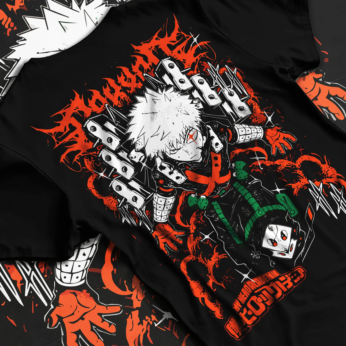 Black T-shirt flat back view showing Katsuki Bakugo from My Hero Academia: orange explosion composition